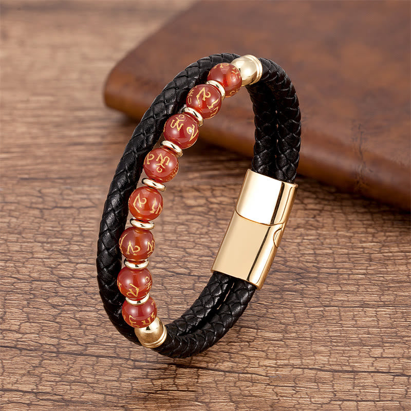 Buddha Stones Black Onyx Turquoise Tiger Eye Red Agate Om Mani Padme Hum Strength Leather Bracelet