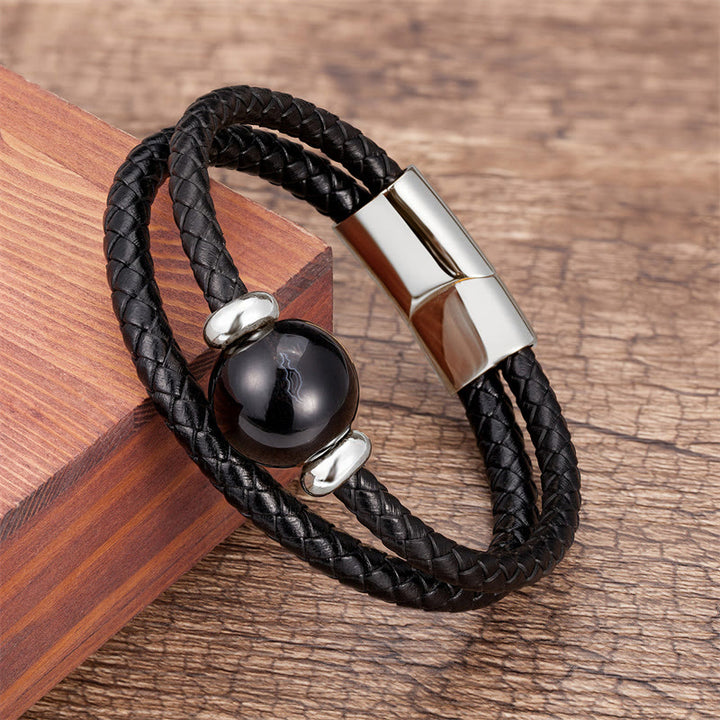 Buddha Stones Black Onyx Sardonyx Agate Beads Support Leather Bracelet