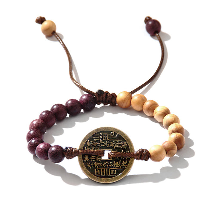 Buddha Stones Ebony Wood Wenge Wood Mountain Ghosts Spend Money Bagua Copper Coin Peace Bracelet