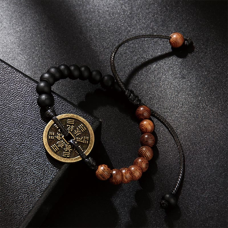 Buddha Stones Ebony Wood Wenge Wood Mountain Ghosts Spend Money Bagua Copper Coin Peace Bracelet