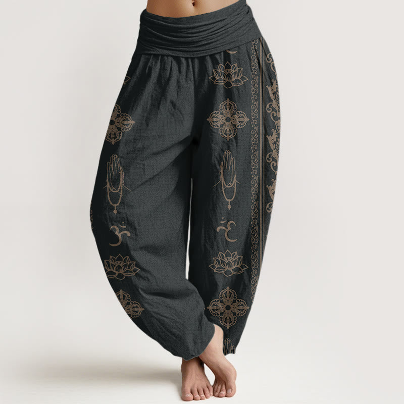Buddha Stones Lotus Flowers Double Dorje Vajra Namaste Om Design Women's Elastic Waist Harem Pants - Black - US22，UK/AU26，EU54 (6XL) - image 1