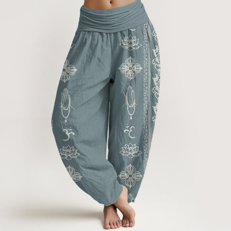 Buddha Stones Cotton Lotus Flowers Double Dorje Vajra Namaste Om Design Women's Elastic Waist Harem Pants - CadetBlue - US22，UK/AU26，EU54 (6XL) - image 4