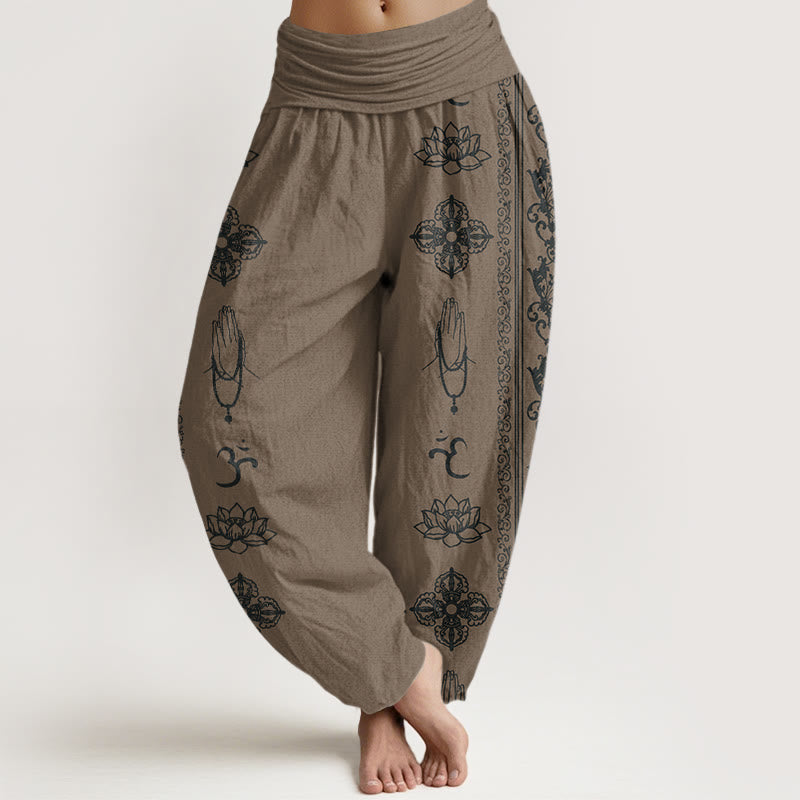 Buddha Stones Cotton Lotus Flowers Double Dorje Vajra Namaste Om Design Women's Elastic Waist Harem Pants - DarkKhaki - US22，UK/AU26，EU54 (6XL) - image 7