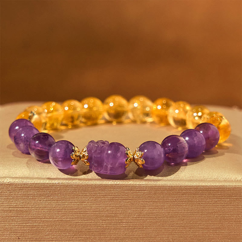 Buddha Stones Citrine Amethyst Pixiu Prosperity Bracelet