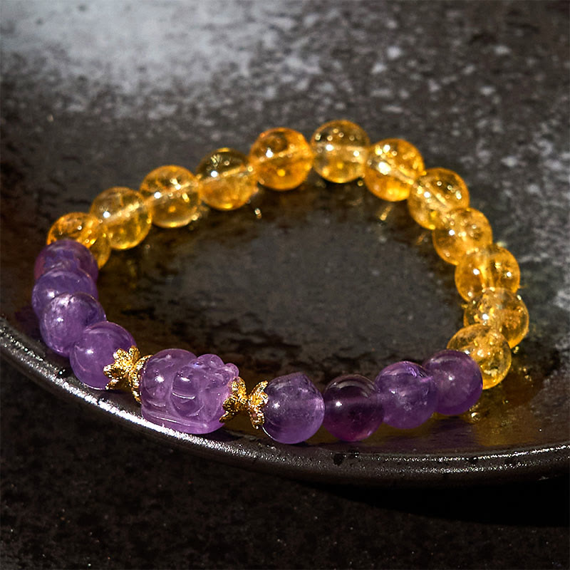 Buddha Stones Citrine Amethyst Pixiu Prosperity Bracelet