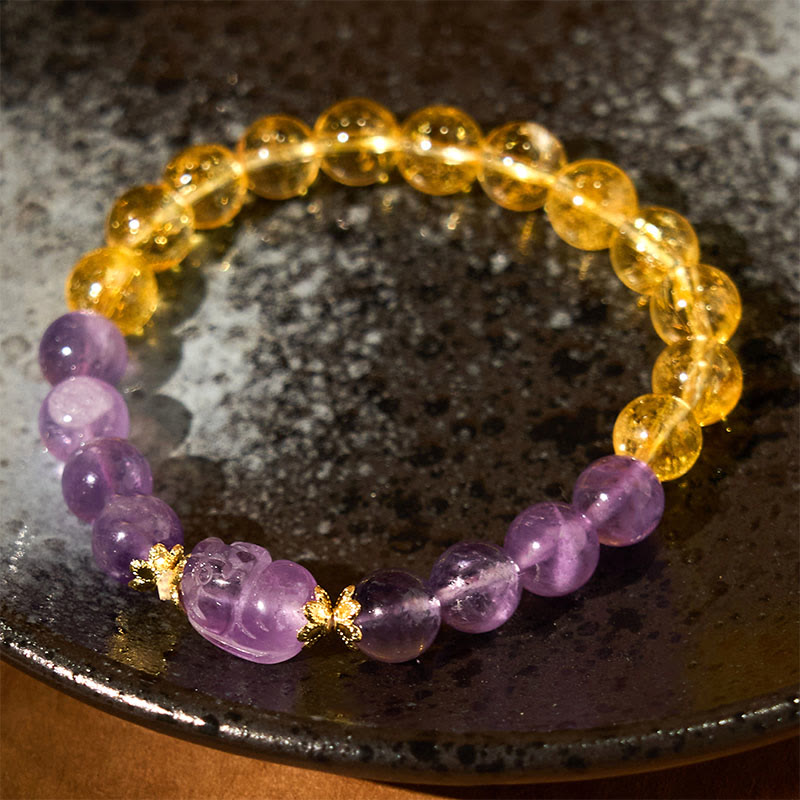 Buddha Stones Citrine Amethyst Pixiu Prosperity Bracelet