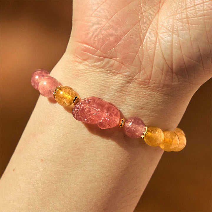 Buddha Stones Strawberry Quartz Pixiu Rutilated Quartz Beads Healing Bracelet