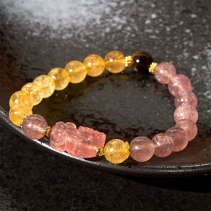 Buddha Stones Strawberry Quartz Pixiu Rutilated Quartz Beads Healing Bracelet