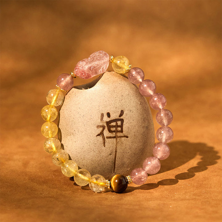 Buddha Stones Strawberry Quartz Pixiu Rutilated Quartz Beads Healing Bracelet