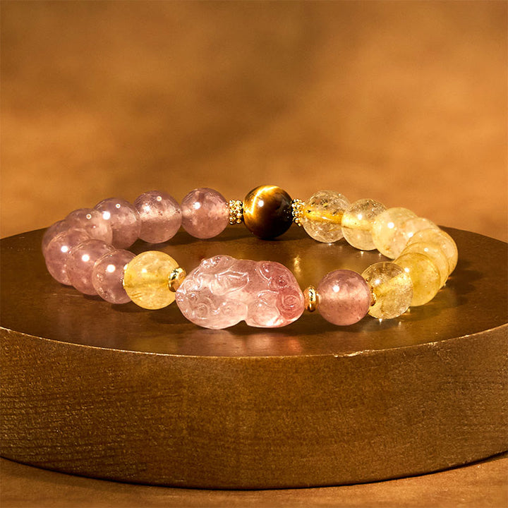 Buddha Stones Strawberry Quartz Pixiu Rutilated Quartz Beads Healing Bracelet