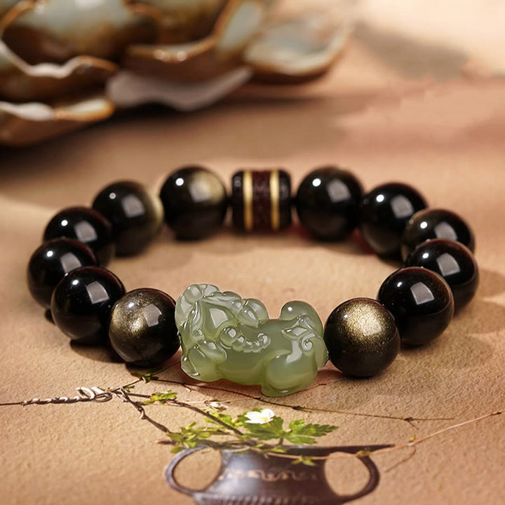 Buddha Stones Natural Gold Sheen Obsidian Hetian Cyan Jade White Jade PiXiu Wealth Bracelet