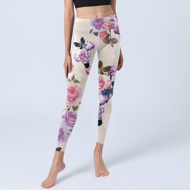 Buddha Stones Beige Rose Flowers Print Gym Leggings Women's Yoga Pants - image 5