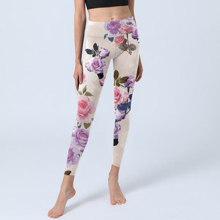 Buddha Stones Beige Rose Flowers Print Gym Leggings Women's Yoga Pants - image 5