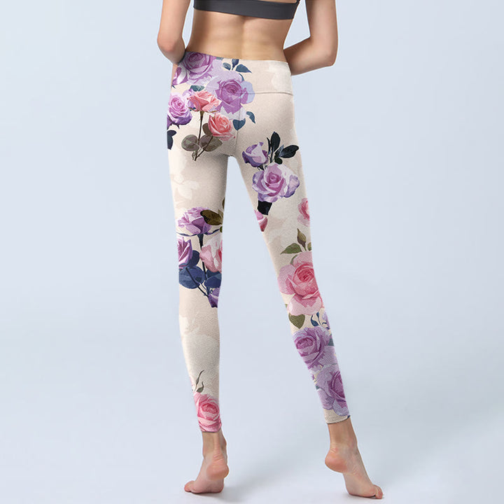 Buddha Stones Beige Rose Flowers Print Gym Leggings Women's Yoga Pants - image 6