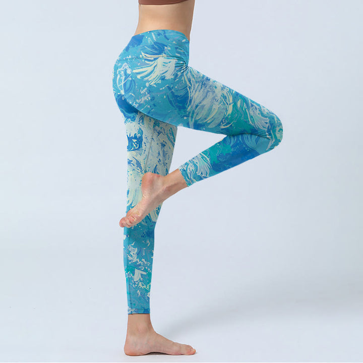 Buddha Stones Blue Abstract Oil Paint Water Pattern Print Gym Leggings Women's Yoga Pants