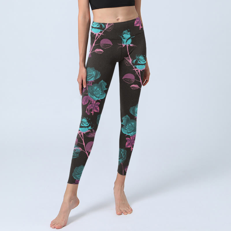 Buddha Stones Black Rose Leaves Pattern Print Gym Leggings Women's Yoga Pants - image 6