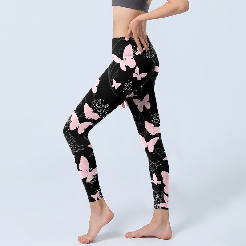 Buddha Stones Black Butterfly Plant Lines Pattern Print Gym Leggings Women's Yoga Pants - image 3