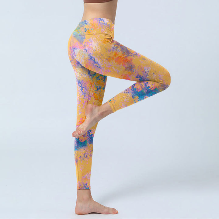 Buddha Stones Bright Yellow Abstract Watercolor Pattern Print Gym Leggings Women's Yoga Pants - image 3