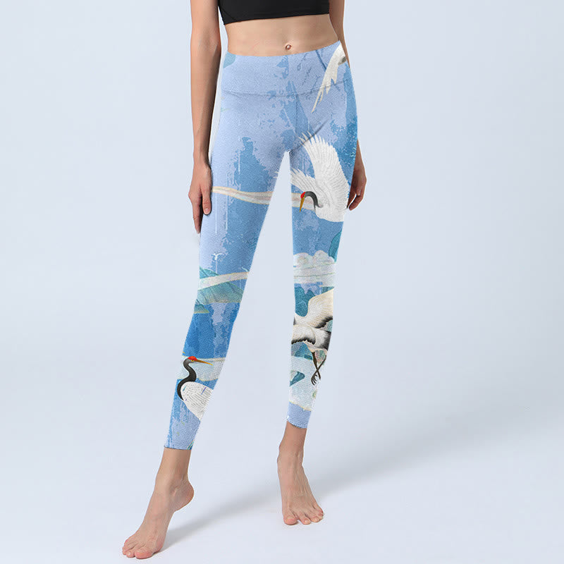 Buddha Stones Mountain Auspicious Cloud Red-crowned Crane Pattern Print Gym Leggings Women's Yoga Pants - image 5
