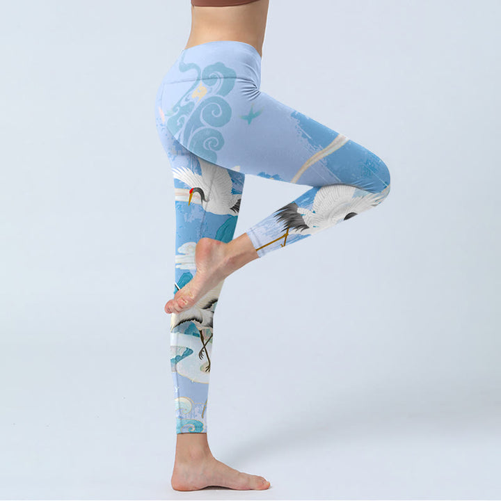 Buddha Stones Mountain Auspicious Cloud Red-crowned Crane Pattern Print Gym Leggings Women's Yoga Pants - image 5