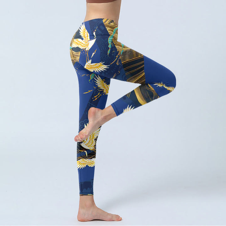 Buddha Stones Mountain Temple Red Crowned Crane Pattern Print Gym Leggings Women's Yoga Pants