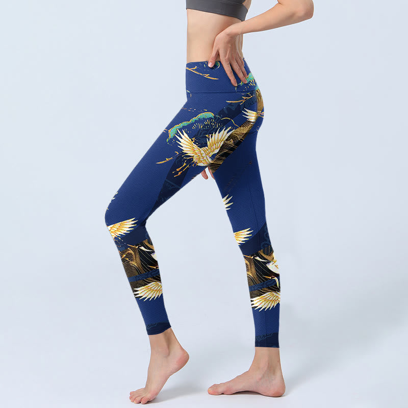 Buddha Stones Mountain Temple Red Crowned Crane Pattern Print Gym Leggings Women's Yoga Pants - image 2