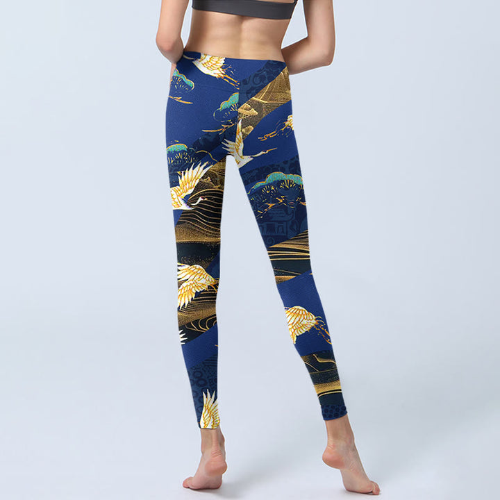 Buddha Stones Mountain Temple Red Crowned Crane Pattern Print Gym Leggings Women's Yoga Pants - image 6