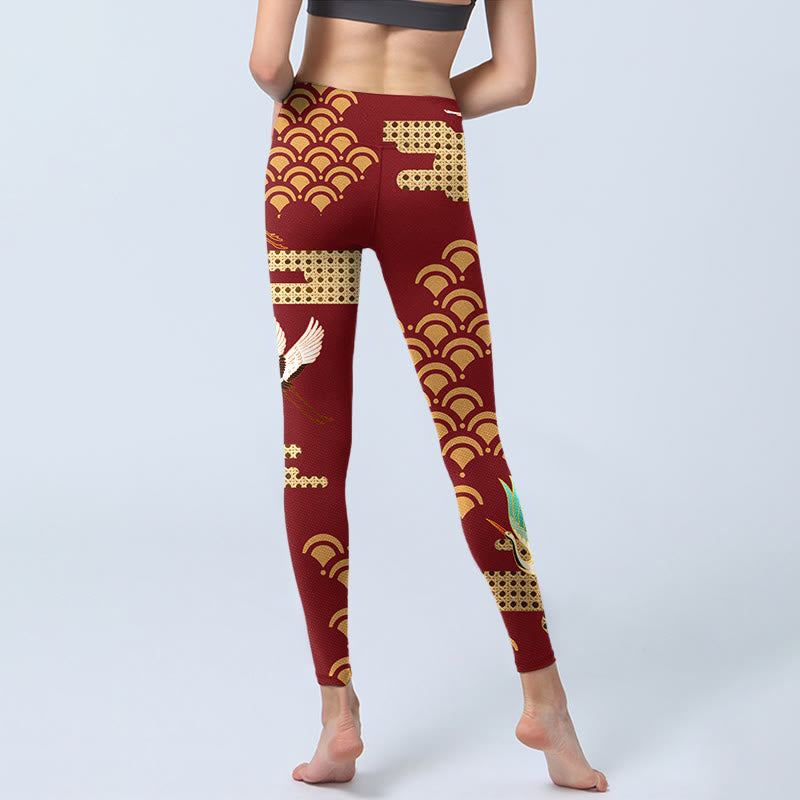 Buddha Stones Red Crowned Crane Cloud Pattern Print Gym Leggings Women's Yoga Pants - image 6