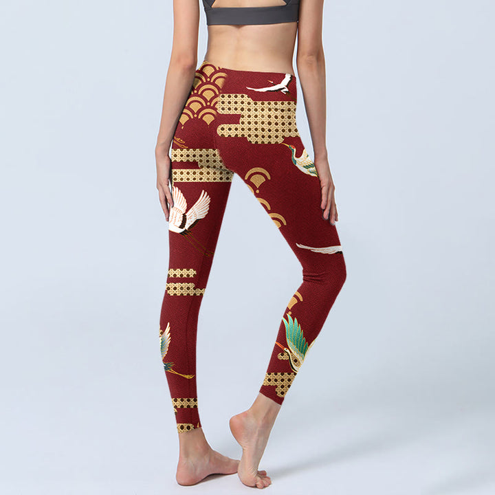 Buddha Stones Red Crowned Crane Cloud Pattern Print Gym Leggings Women's Yoga Pants