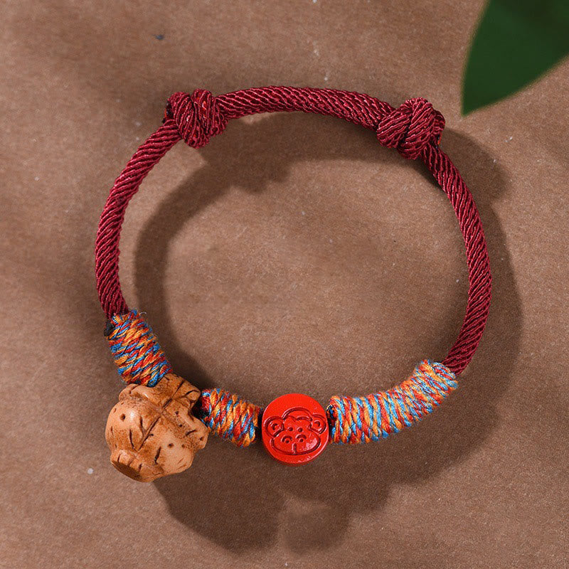 Buddha Stones Handmade Chinese Zodiac Red String Peach Pit Cinnabar Luck Bracelet