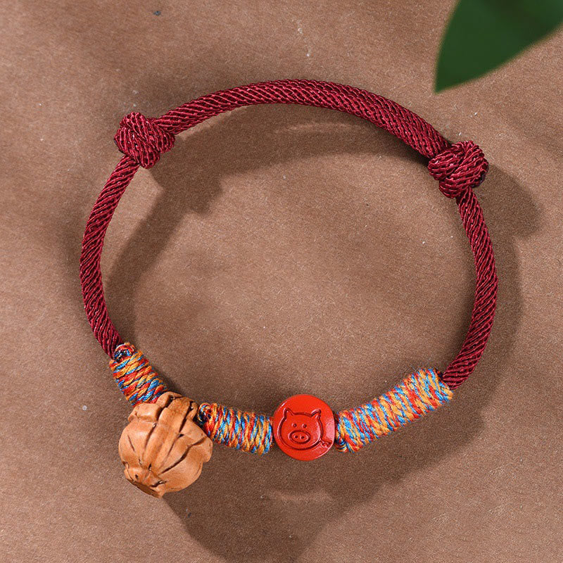 Buddha Stones Handmade Chinese Zodiac Red String Peach Pit Cinnabar Luck Bracelet