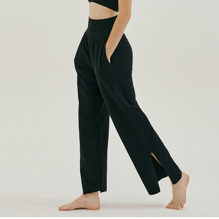 Buddha Stones Casual Loose Tie-down Hem Plain High Waist Women's Leica Pants With Pockets