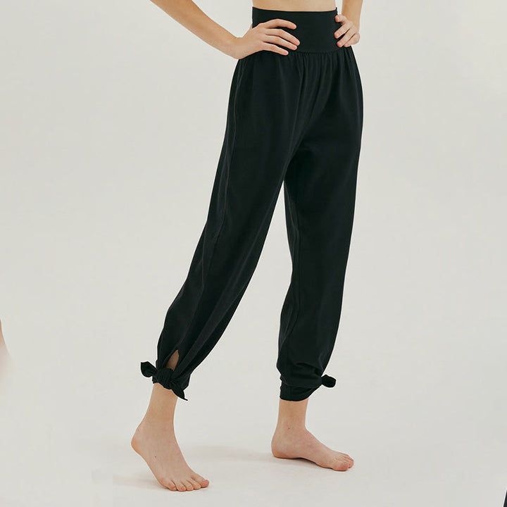 Buddha Stones Casual Loose Tie-down Hem Plain High Waist Women's Leica Pants With Pockets - image 15