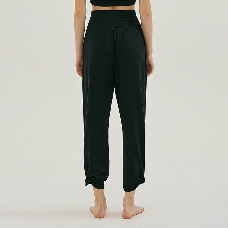 Buddha Stones Casual Loose Tie-down Hem Plain High Waist Women's Leica Pants With Pockets - image 9