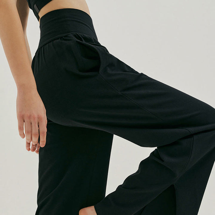 Buddha Stones Casual Loose Tie-down Hem Plain High Waist Women's Leica Pants With Pockets - image 11