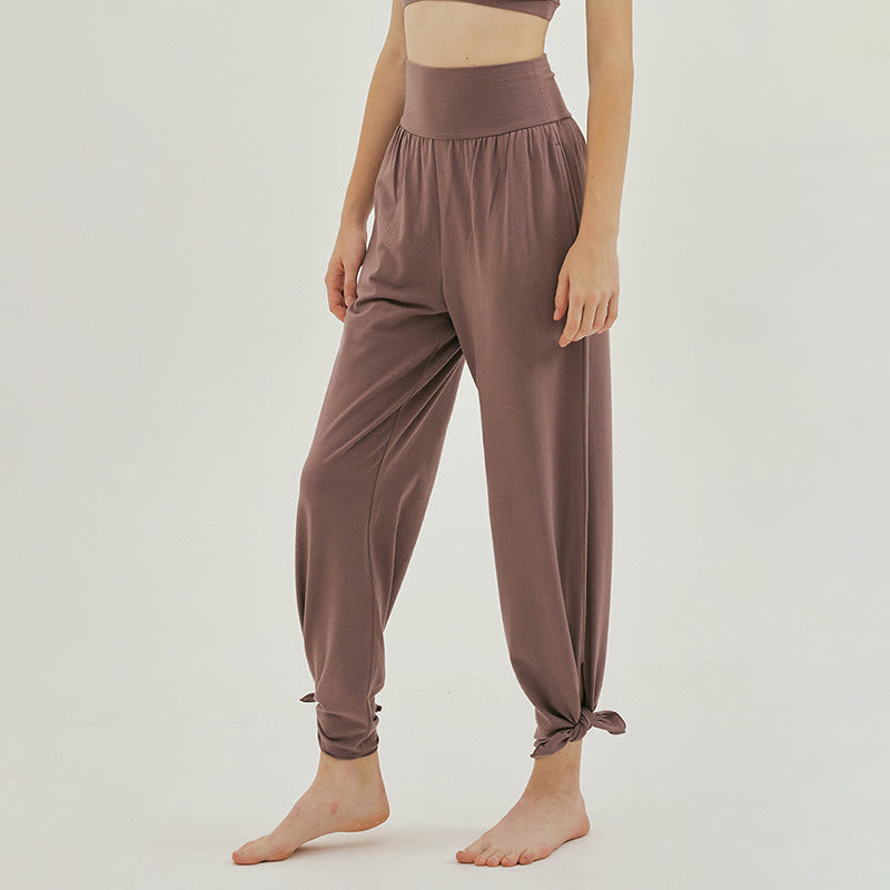 Buddha Stones Casual Loose Tie-down Hem Plain High Waist Women's Leica Pants With Pockets - image 30