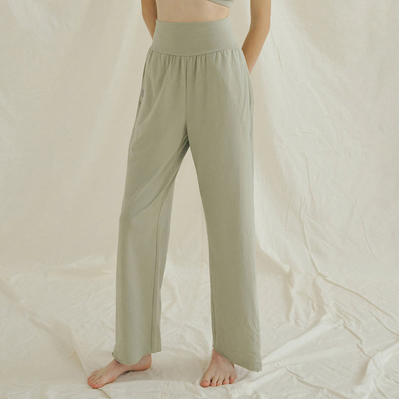 Buddha Stones Casual Loose Tie-down Hem Plain High Waist Women's Leica Pants With Pockets