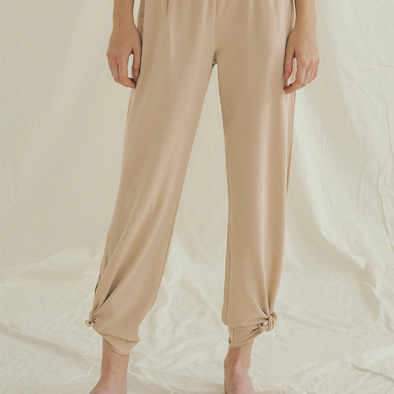 Buddha Stones Casual Loose Tie-down Hem Plain High Waist Women's Leica Pants With Pockets - image 22