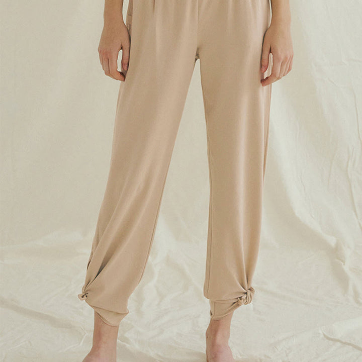 Buddha Stones Casual Loose Tie-down Hem Plain High Waist Women's Leica Pants With Pockets - image 22