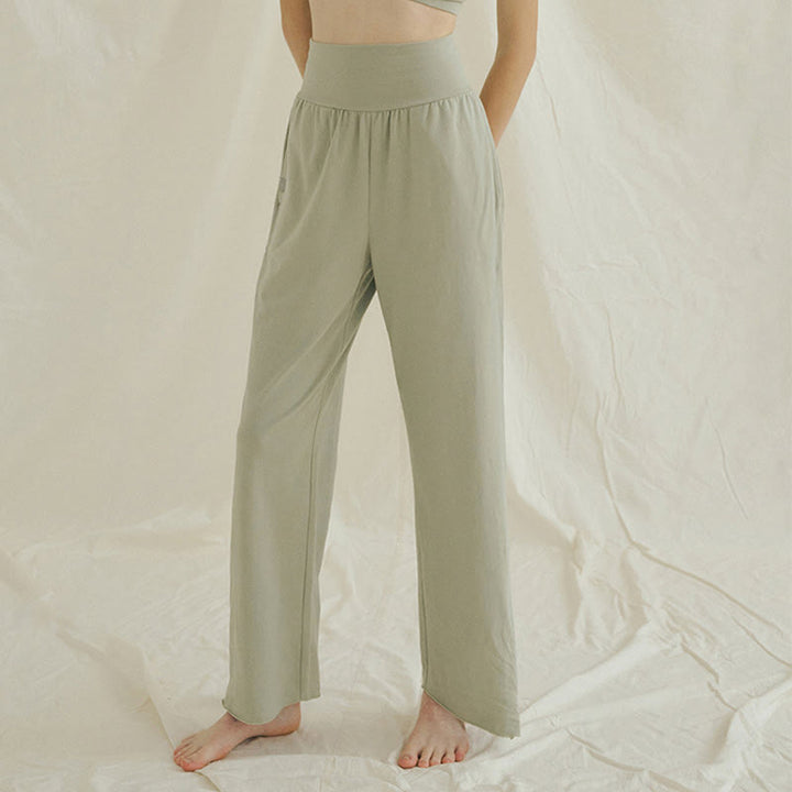 Buddha Stones Casual Loose Tie-down Hem Plain High Waist Women's Leica Pants With Pockets - image 1