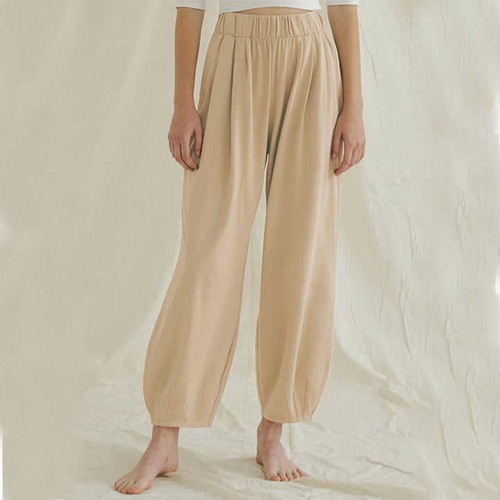 Buddha Stones Casual Loose Tie-down Hem Plain High Waist Women's Leica Pants With Pockets