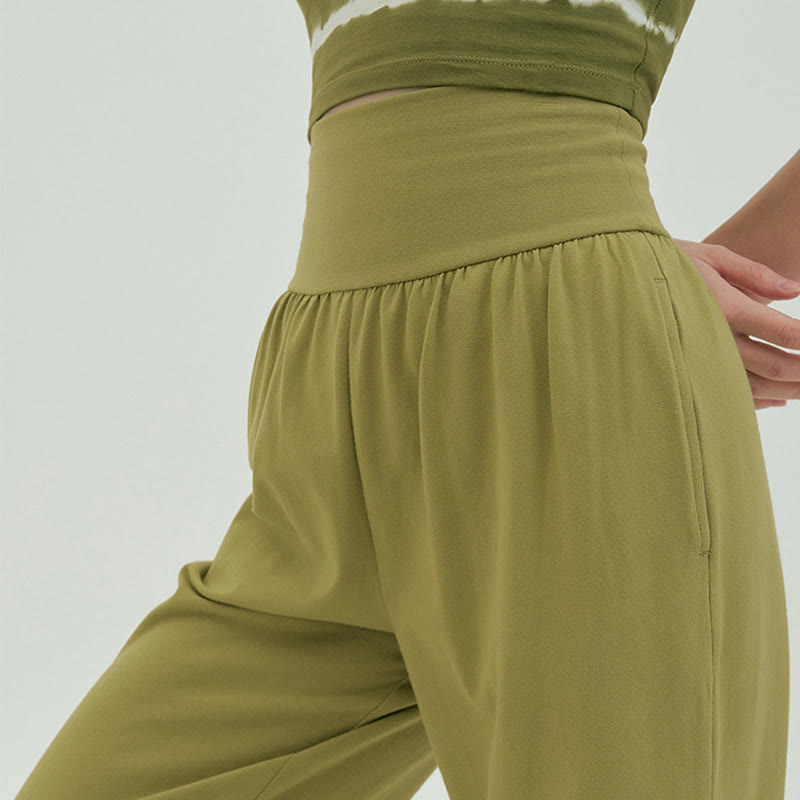 Buddha Stones Casual Loose Tie-down Hem Plain High Waist Women's Leica Pants With Pockets - image 39