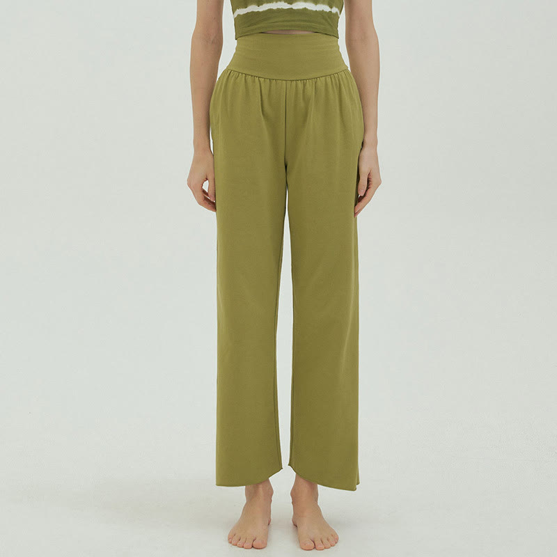 Buddha Stones Casual Loose Tie-down Hem Plain High Waist Women's Leica Pants With Pockets - image 42