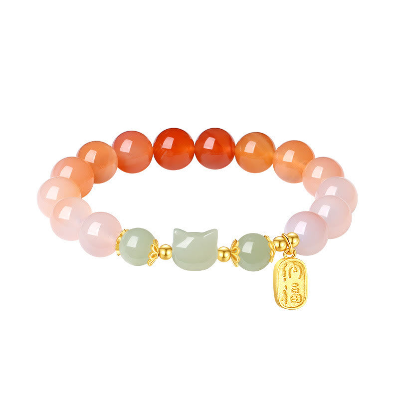 Buddha Stones 925 Sterling Silver Red Agate Hetian Jade Cat Fu Character Confidence Bracelet - image 12