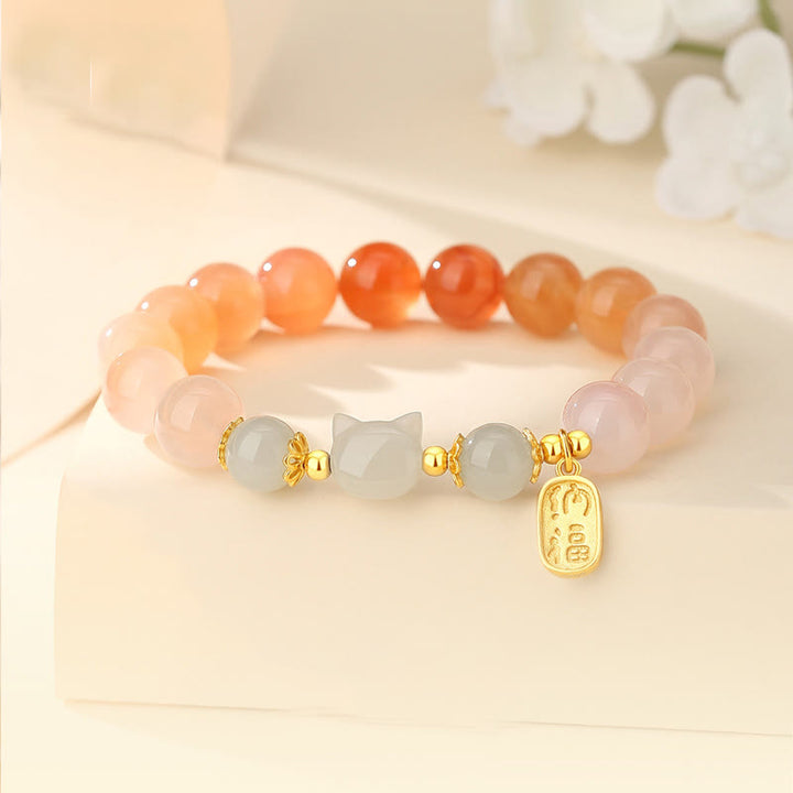 Buddha Stones 925 Sterling Silver Red Agate Hetian Jade Cat Fu Character Confidence Bracelet