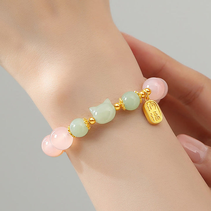 Buddha Stones 925 Sterling Silver Red Agate Hetian Jade Cat Fu Character Confidence Bracelet - image 4