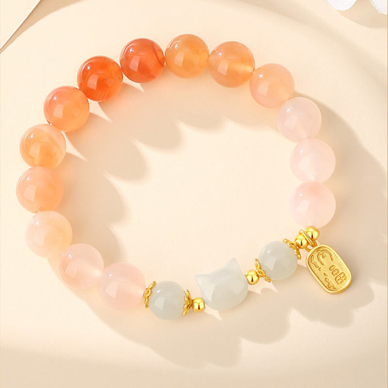 Buddha Stones 925 Sterling Silver Red Agate Hetian Jade Cat Fu Character Confidence Bracelet - image 2