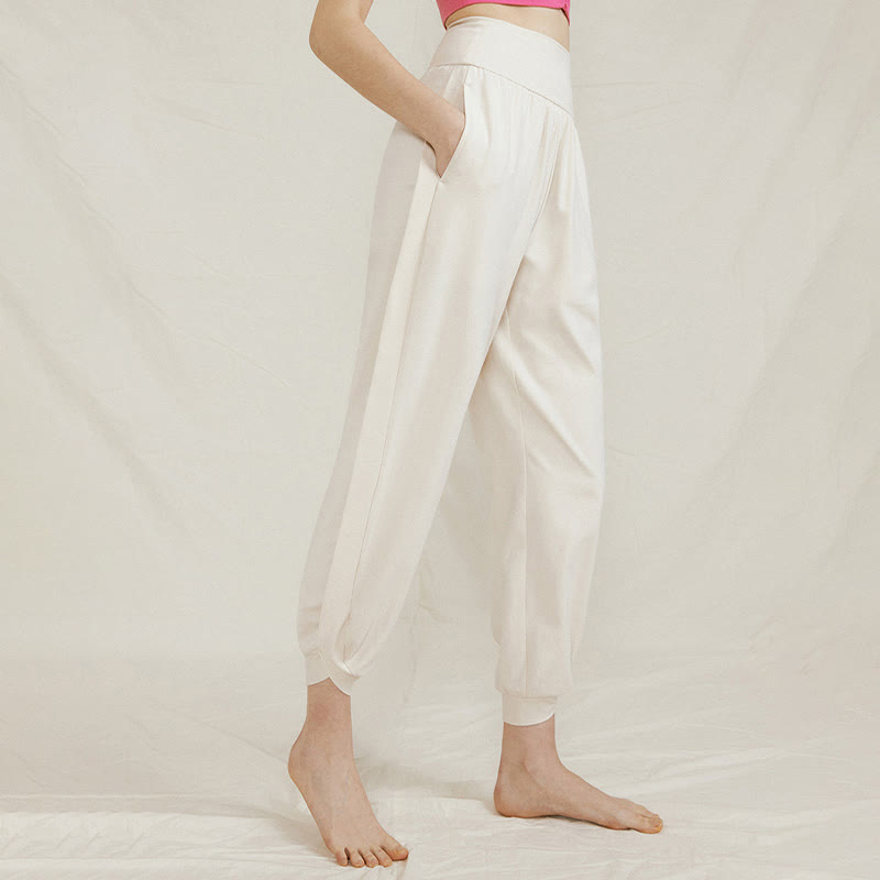 Buddha Stones Casual Plain High Waist Side Fold Quick Drying Women's Cotton Pants With Pockets - Ivory - US4，UK/AU8，EU36 (L) - image 1
