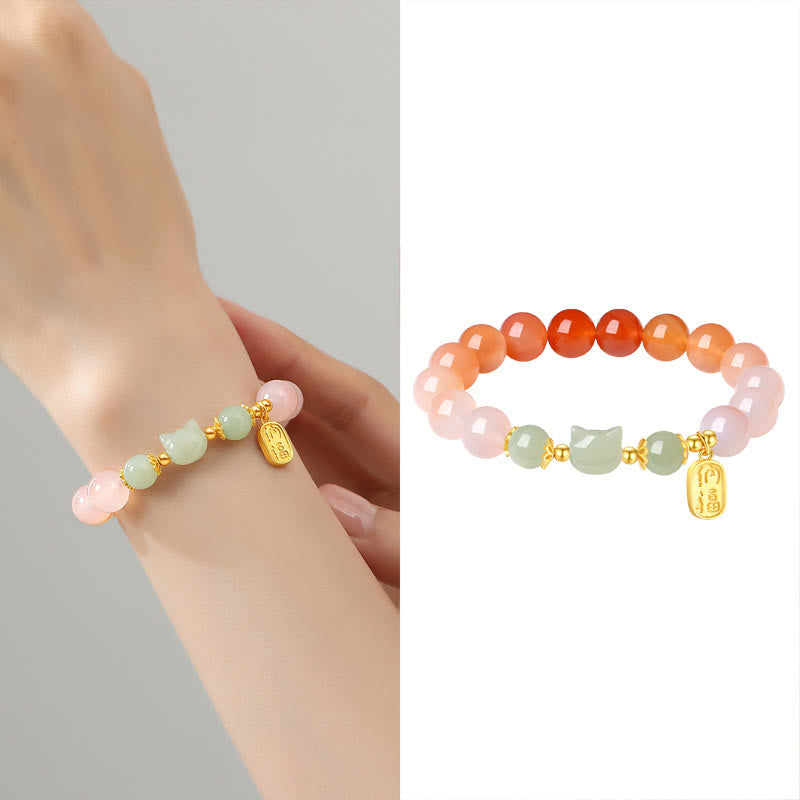 Buddha Stones 925 Sterling Silver Red Agate Hetian Jade Cat Fu Character Confidence Bracelet - image 9
