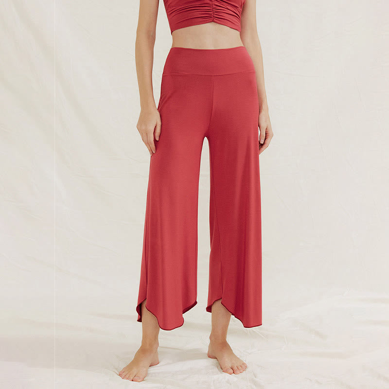 Buddha Stones Casual Plain Loose Irregular Geometric Hem Women's Leica Wide Leg Pants - Red - US4，UK/AU8，EU36 (L) - image 1